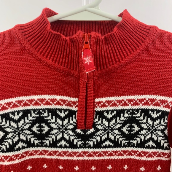 Fair Isle, red black & white quarter zip holiday cabincore pullover sweater - Picture 2 of 7